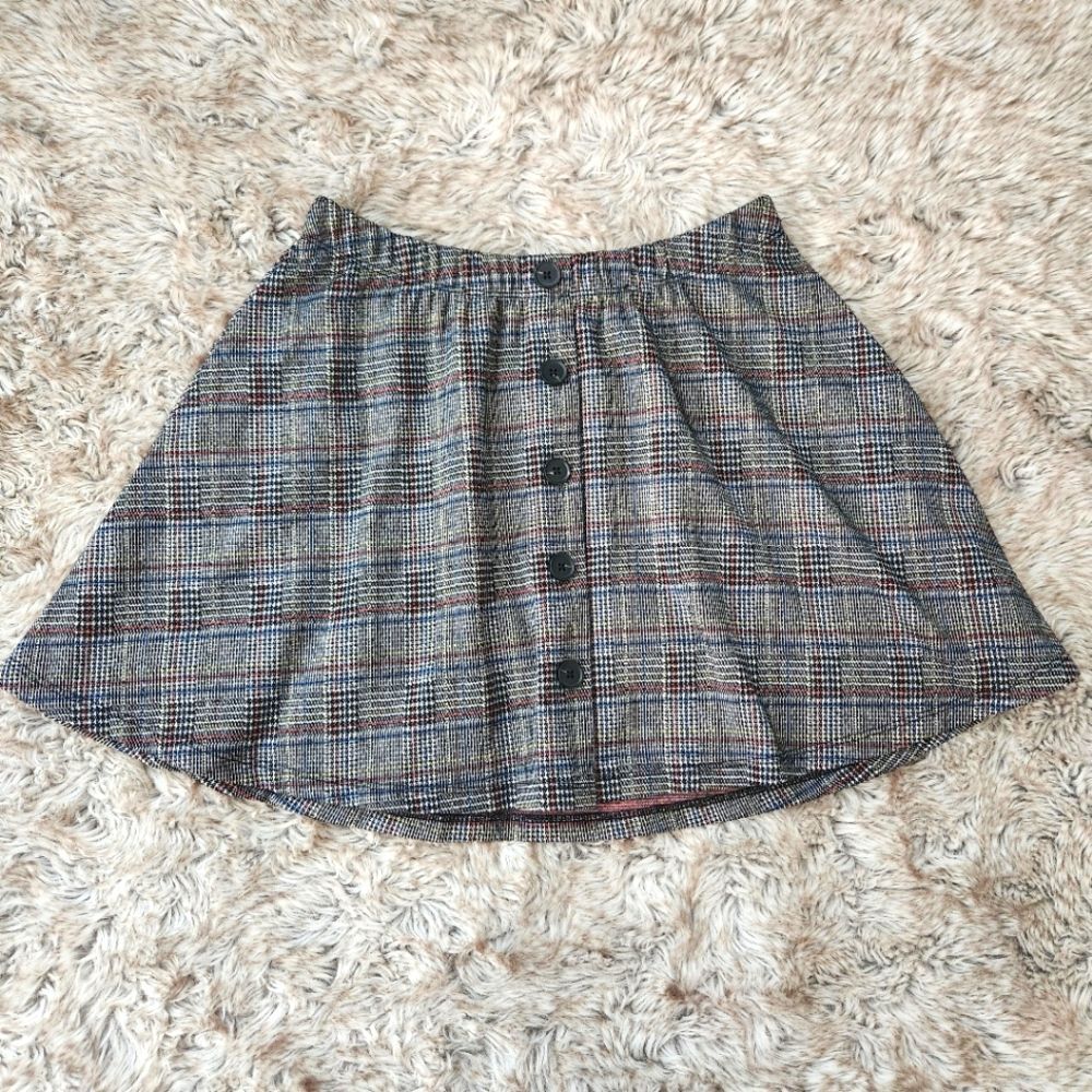 Vylette A-Line Plaid Mini Skirt Gray Faux Button Front Women's Size XS